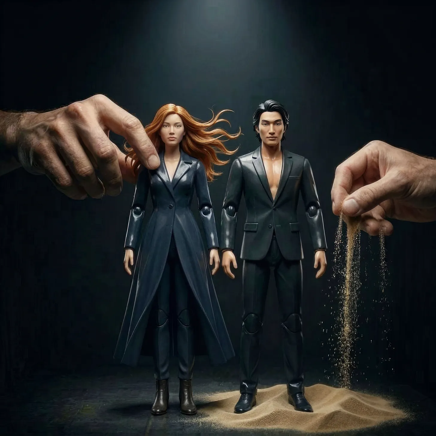 Two giant hands position miniature action figures of a woman with long wavy red hair in a dark trench coat and a man with dark hair in an open dark suit, standing on a small mound of sand. One hand pours a stream of sand from its fingers behind the male figure, evoking an hourglass. Dramatic single-source lighting against a black background.