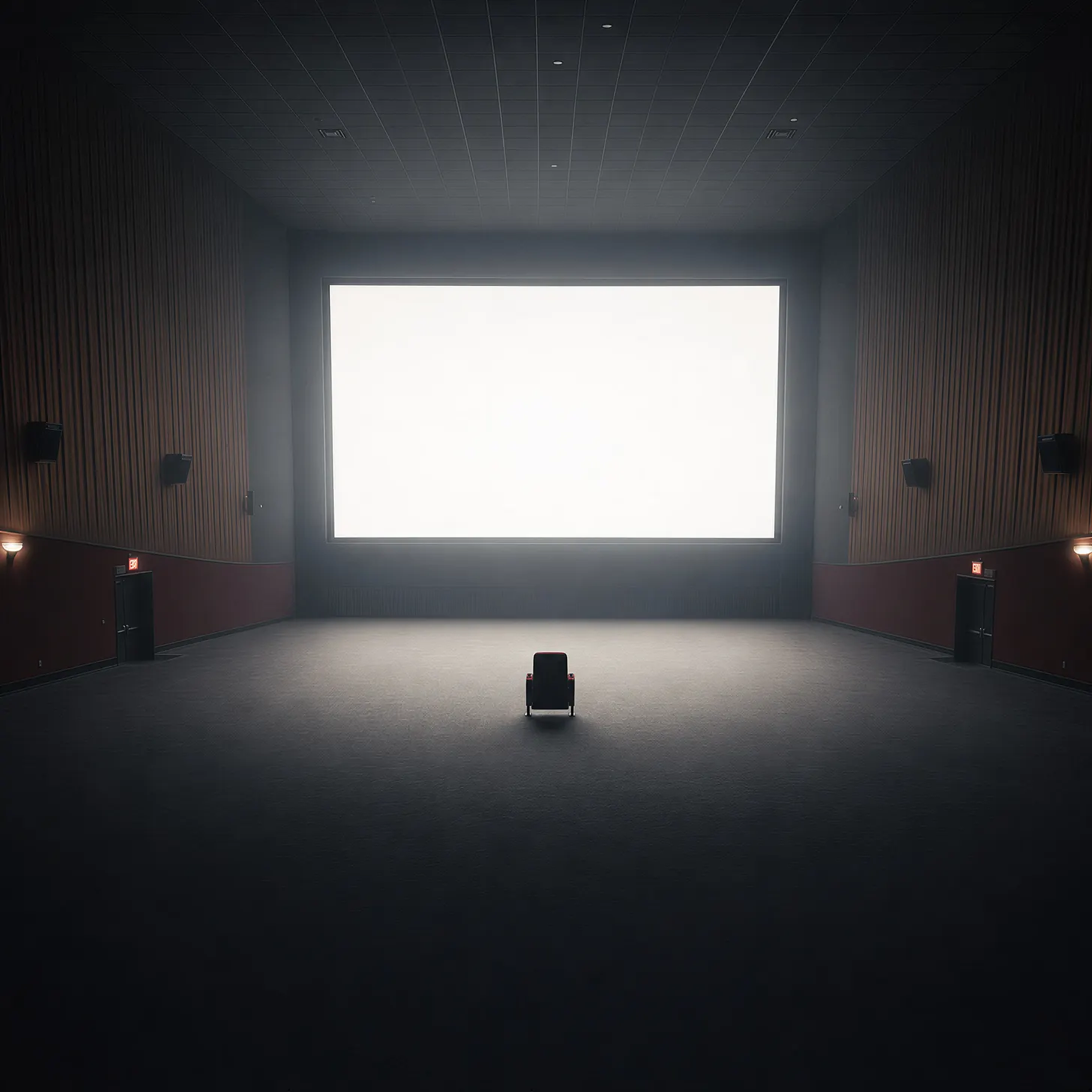 A single empty theater seat sits alone in the middle of a vast, empty movie theater floor, facing a blank glowing white screen, with the rest of the cavernous room stripped of all other seating and lit only by dim exit signs.